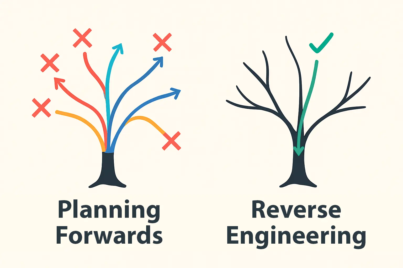 Vector diagram showing planning forwards with arrows ending in red Xs versus reverse engineering with a green line and tick at the goal.