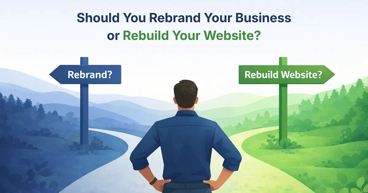 Business owner at crossroads choosing between rebranding a business or rebuilding a website