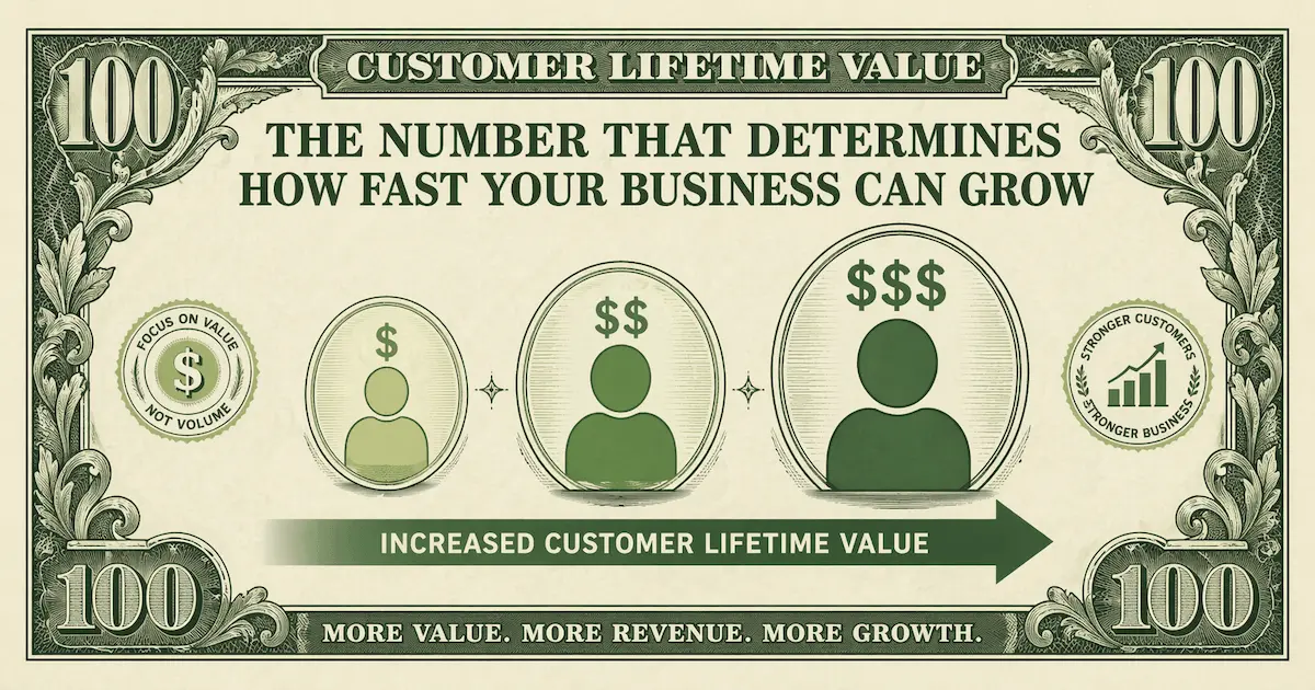Customer lifetime value CLV visual showing increasing customer value and revenue growth in a money-style design