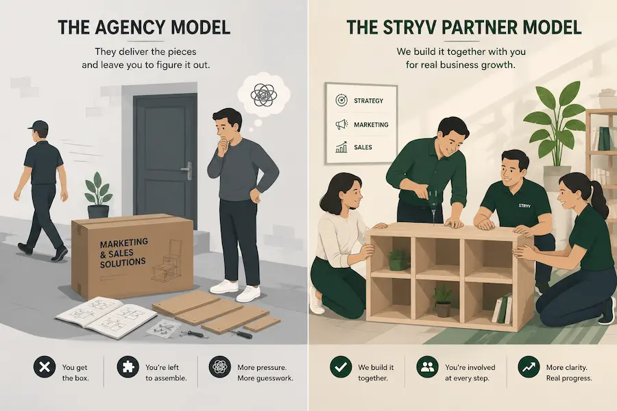 Illustration comparing a traditional agency model vs Stryv’s business growth partner approach, showing fragmented delivery versus collaborative implementation and business growth.